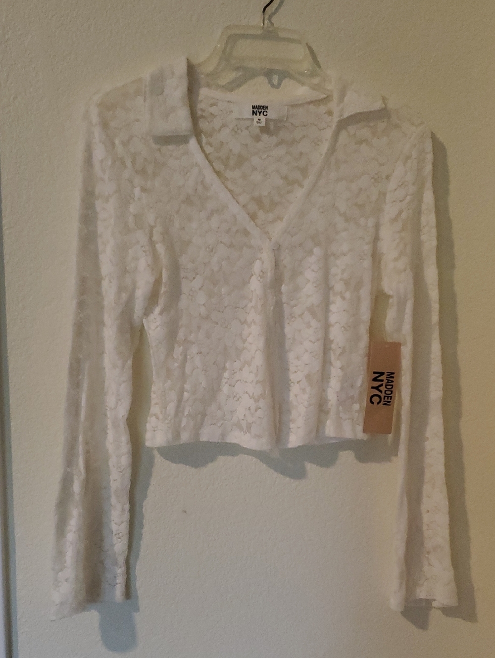 White Lace Cropped Button-Front Top With Long Slit Bell Sleeves And Collar